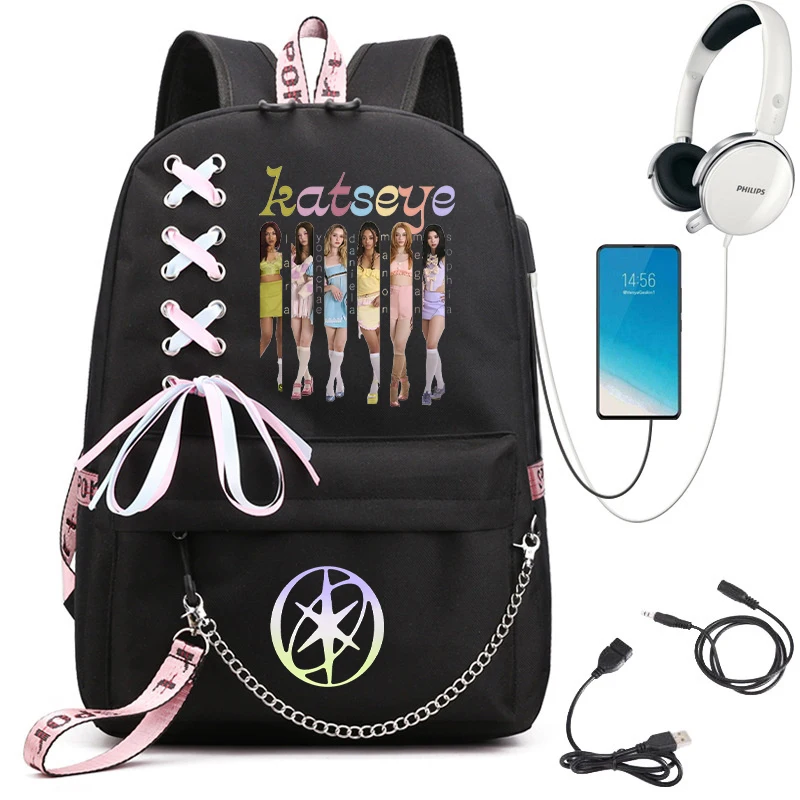 Girl Group Katseye Graphic School Backpack for Teen USB Port School Bags Women Y2K Laptop Computer Bag Student Katseye Bagpack