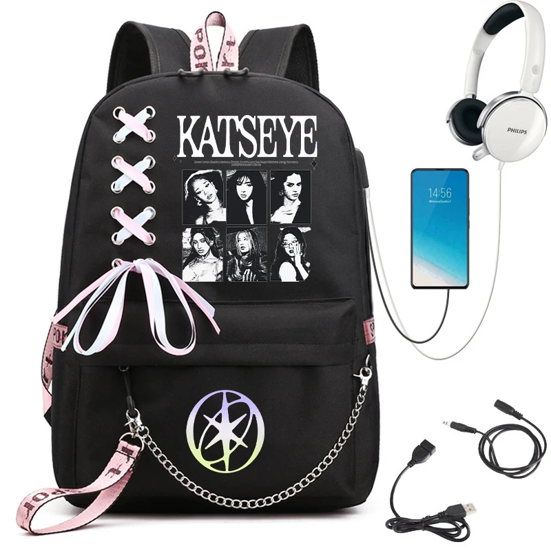 Girl Group Katseye Graphic School Backpack for Teen USB Port School Bags Women Y2K Laptop Computer Bag Student Katseye Bagpack