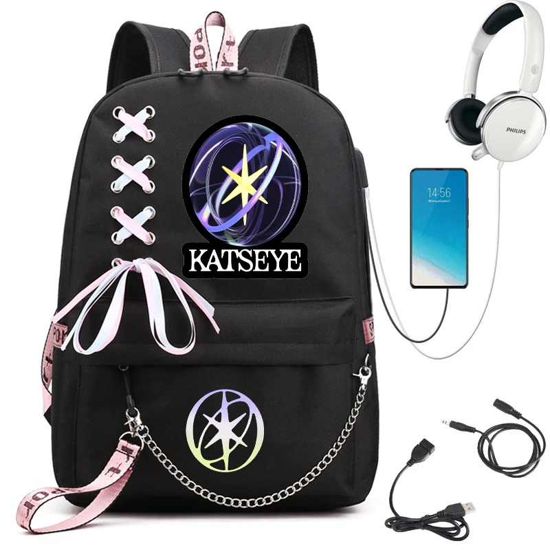 Girl Group Katseye Graphic School Backpack for Teen USB Port School Bags Women Y2K Laptop Computer Bag Student Katseye Bagpack