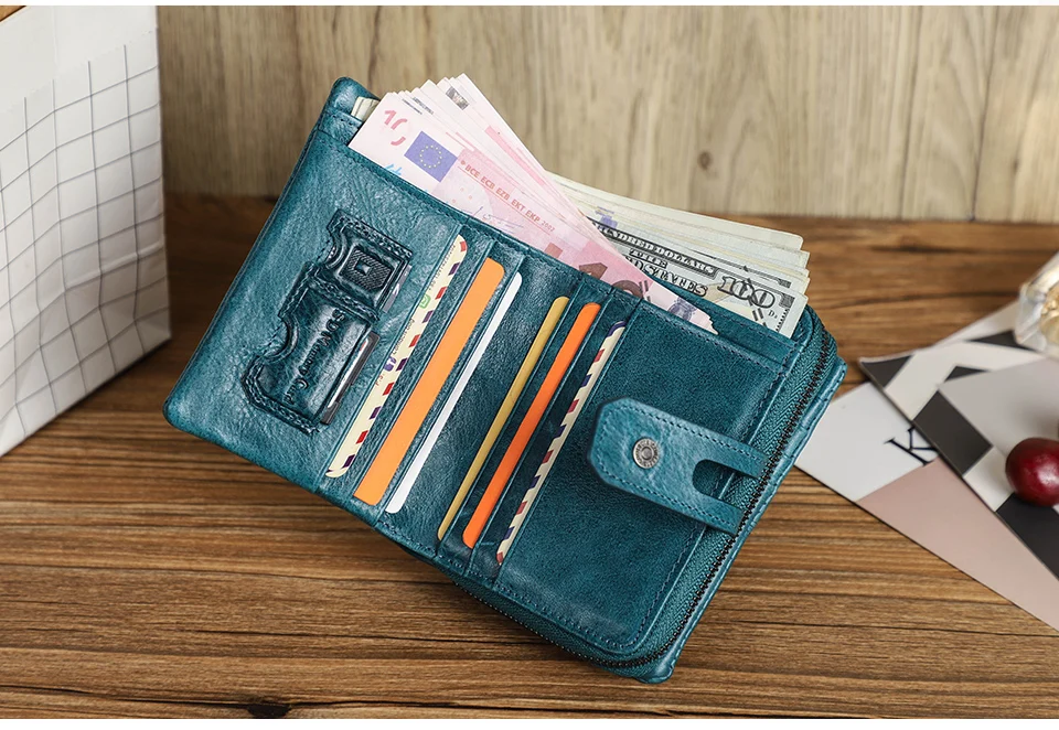 Contact'S Genuine Leather Short Wallet Women Fashion Small Coin Purse Zipper Hasp Card Holder Wallets for Women Portfel Damski