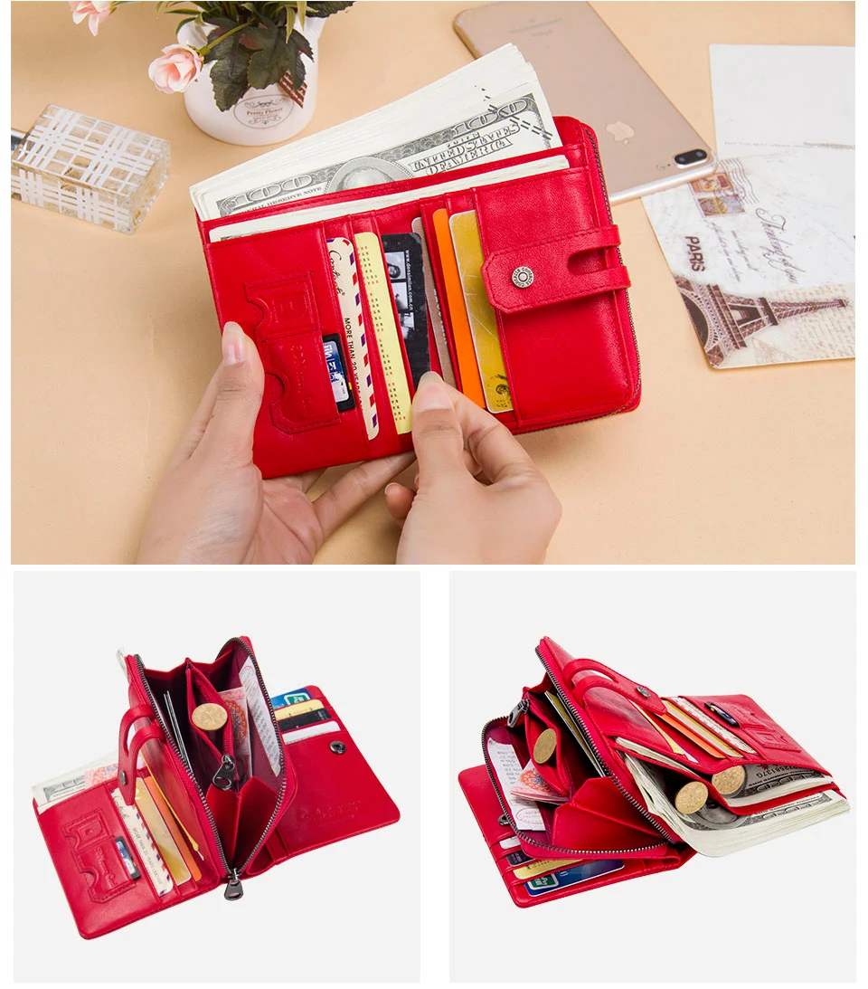 Contact'S Genuine Leather Short Wallet Women Fashion Small Coin Purse Zipper Hasp Card Holder Wallets for Women Portfel Damski