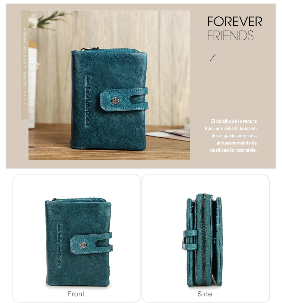 Contact'S Genuine Leather Short Wallet Women Fashion Small Coin Purse Zipper Hasp Card Holder Wallets for Women Portfel Damski