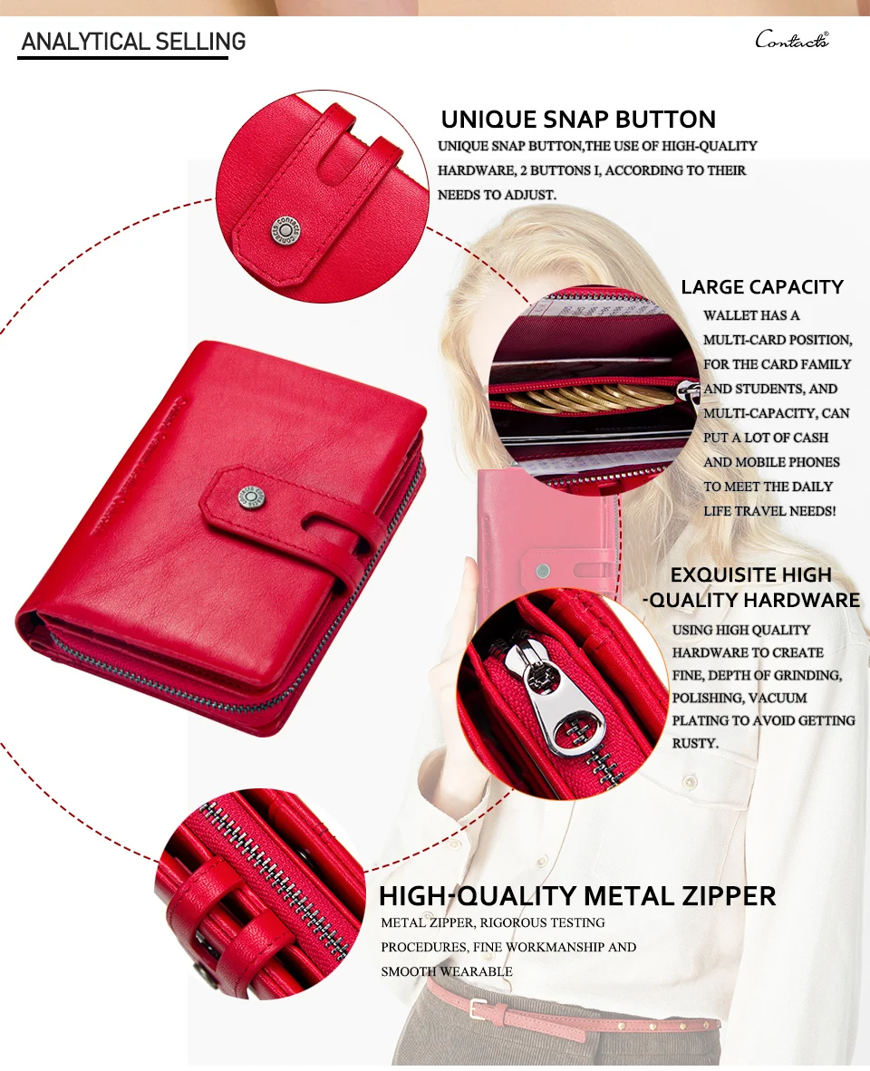 Contact'S Genuine Leather Short Wallet Women Fashion Small Coin Purse Zipper Hasp Card Holder Wallets for Women Portfel Damski