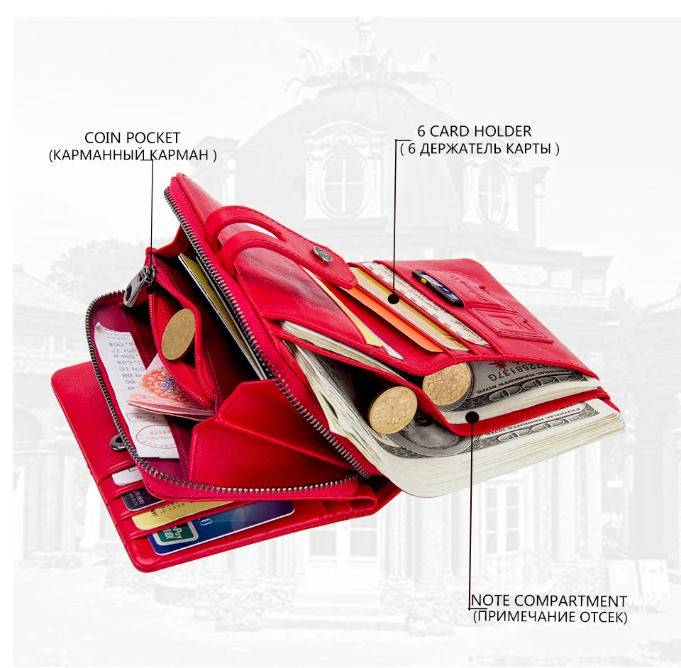 Contact'S Genuine Leather Short Wallet Women Fashion Small Coin Purse Zipper Hasp Card Holder Wallets for Women Portfel Damski