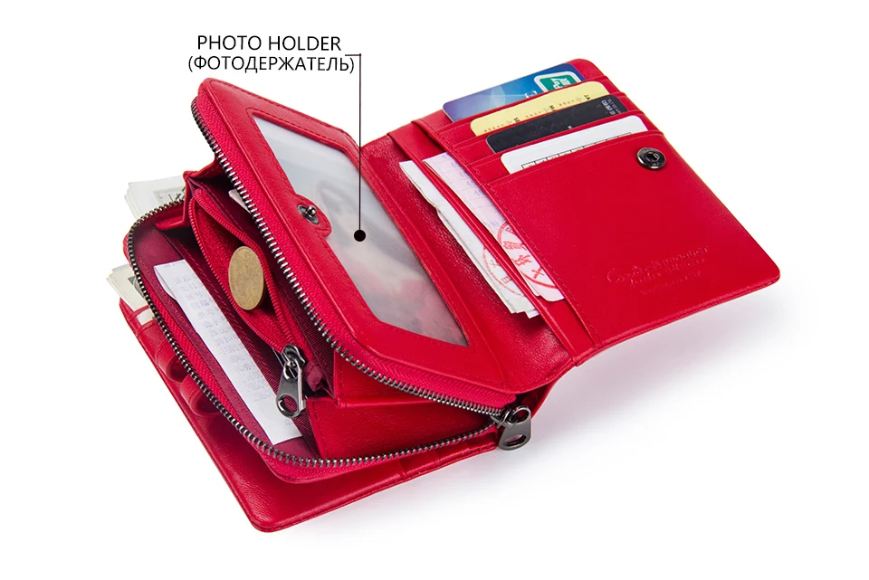 Contact'S Genuine Leather Short Wallet Women Fashion Small Coin Purse Zipper Hasp Card Holder Wallets for Women Portfel Damski