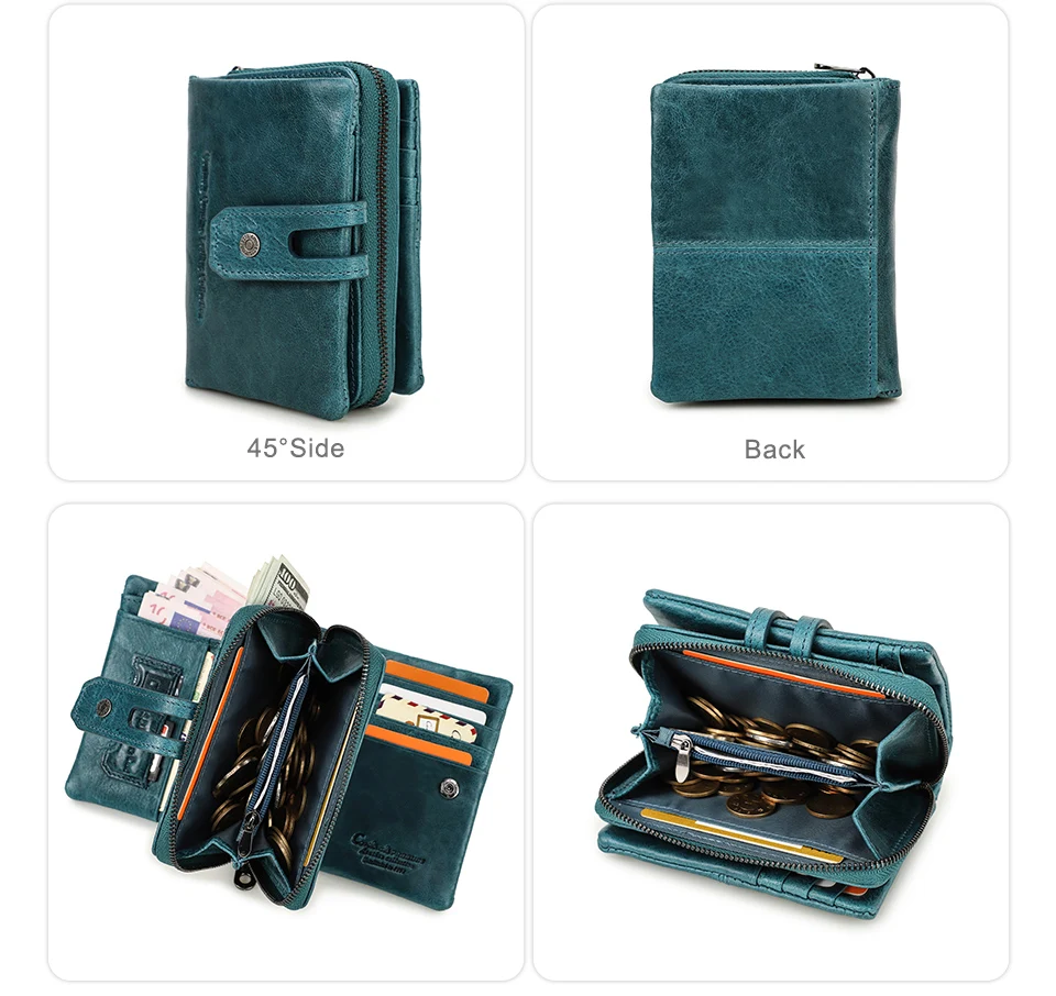 Contact'S Genuine Leather Short Wallet Women Fashion Small Coin Purse Zipper Hasp Card Holder Wallets for Women Portfel Damski