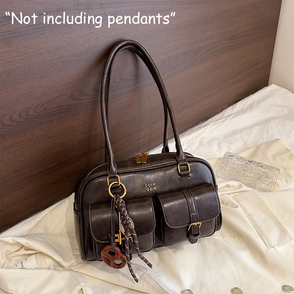 Women's Retro Solid Color Pu Leather Shoulder Bag with Multiple Pockets, Large Capacity, Exquisite and Fashionable Handbag