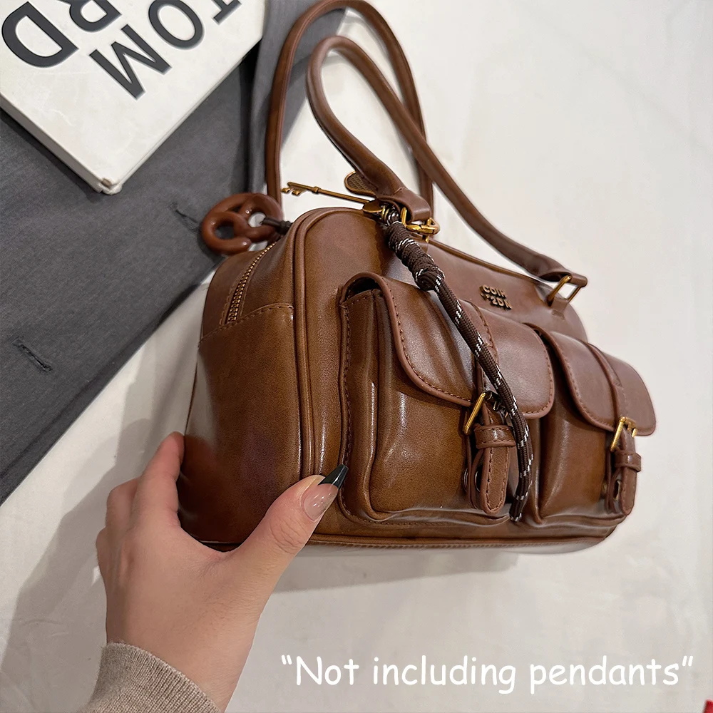 Women's Retro Solid Color Pu Leather Shoulder Bag with Multiple Pockets, Large Capacity, Exquisite and Fashionable Handbag