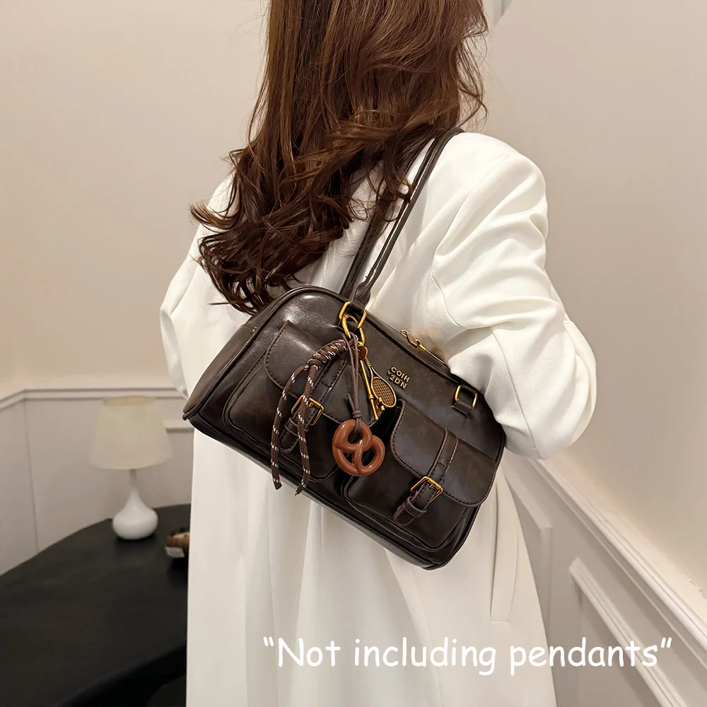 Women's Retro Solid Color Pu Leather Shoulder Bag with Multiple Pockets, Large Capacity, Exquisite and Fashionable Handbag