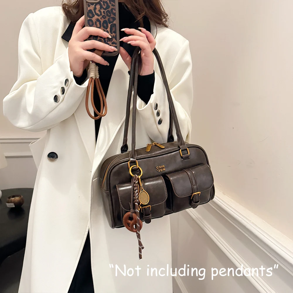 Women's Retro Solid Color Pu Leather Shoulder Bag with Multiple Pockets, Large Capacity, Exquisite and Fashionable Handbag