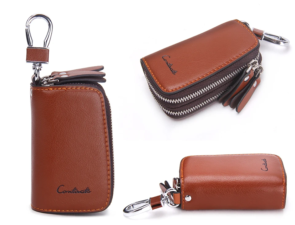 CONTACT'S Genuine Leather Car Key Wallets Fashion Key Holder Housekeeper Keys Organizer Double Zipper Keychain Case Key Pouch