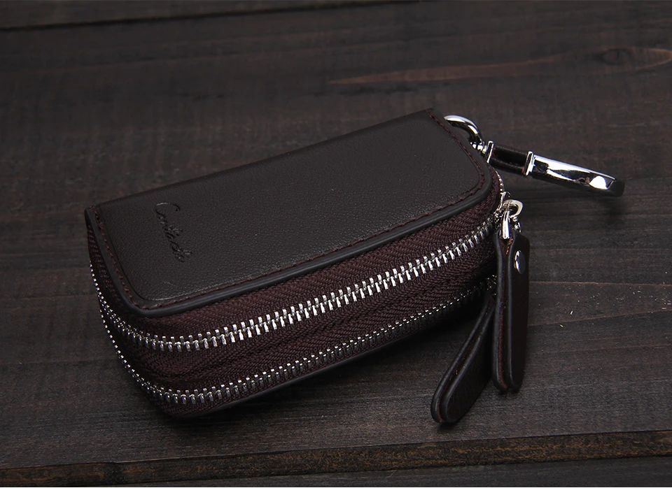 CONTACT'S Genuine Leather Car Key Wallets Fashion Key Holder Housekeeper Keys Organizer Double Zipper Keychain Case Key Pouch