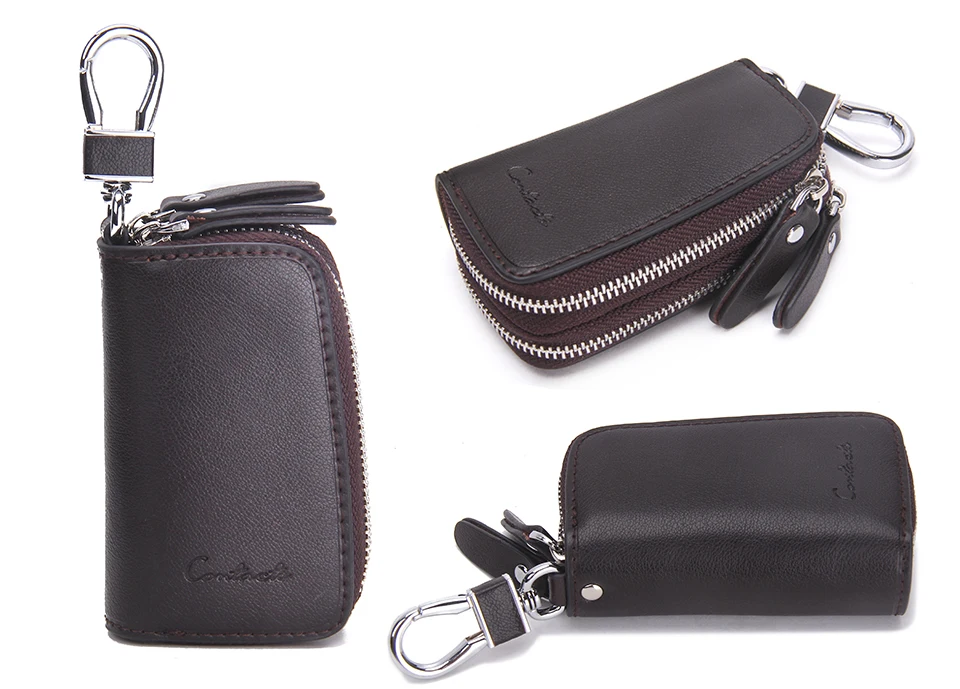 CONTACT'S Genuine Leather Car Key Wallets Fashion Key Holder Housekeeper Keys Organizer Double Zipper Keychain Case Key Pouch