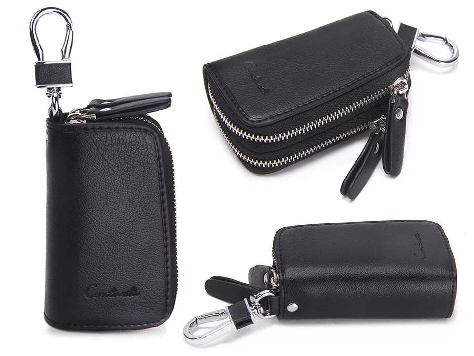 CONTACT'S Genuine Leather Car Key Wallets Fashion Key Holder Housekeeper Keys Organizer Double Zipper Keychain Case Key Pouch