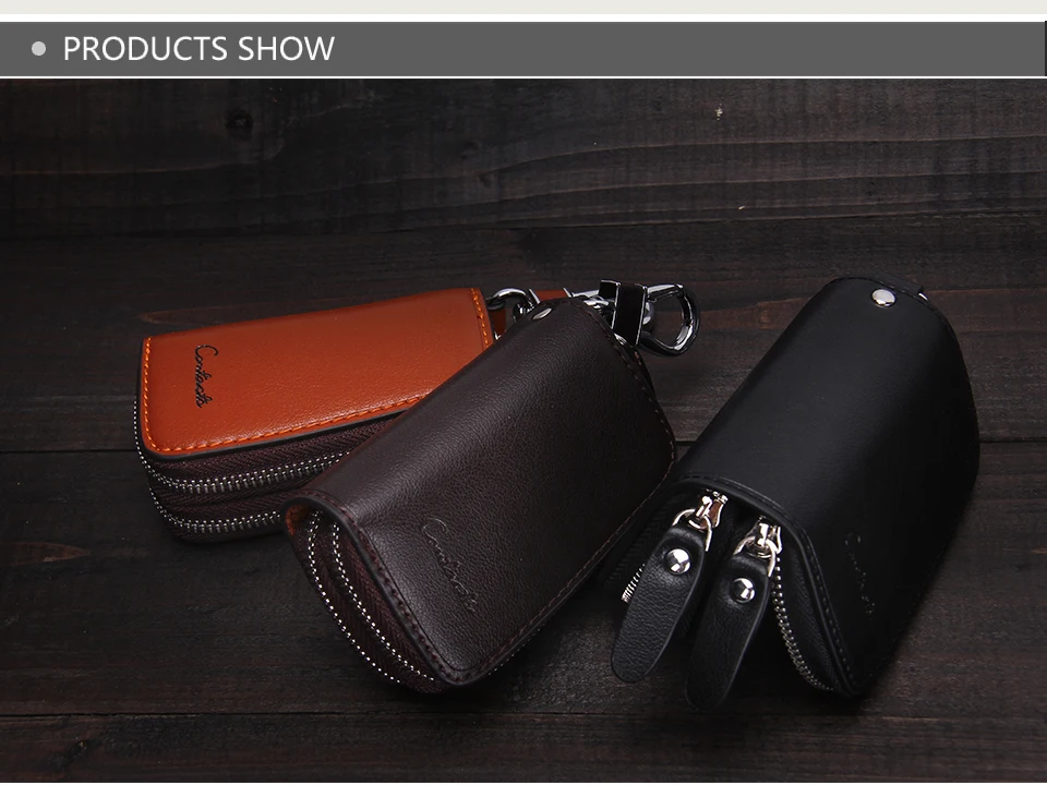 CONTACT'S Genuine Leather Car Key Wallets Fashion Key Holder Housekeeper Keys Organizer Double Zipper Keychain Case Key Pouch