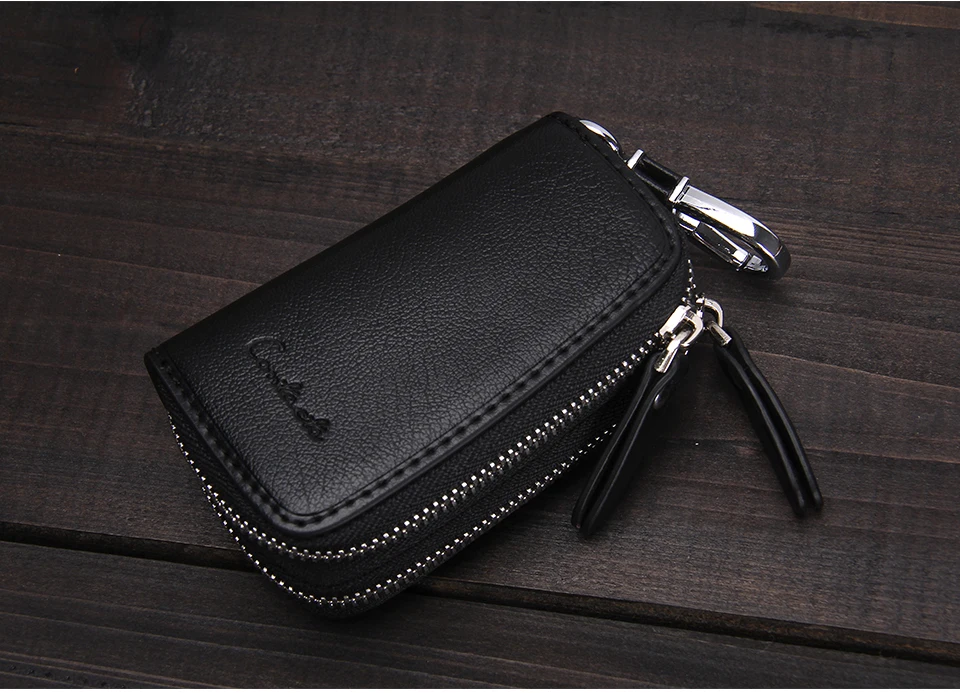 CONTACT'S Genuine Leather Car Key Wallets Fashion Key Holder Housekeeper Keys Organizer Double Zipper Keychain Case Key Pouch