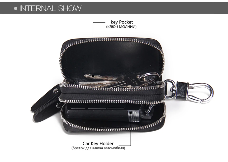 CONTACT'S Genuine Leather Car Key Wallets Fashion Key Holder Housekeeper Keys Organizer Double Zipper Keychain Case Key Pouch