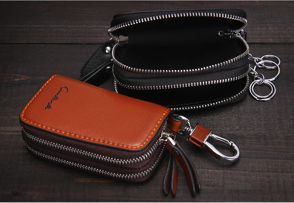 CONTACT'S Genuine Leather Car Key Wallets Fashion Key Holder Housekeeper Keys Organizer Double Zipper Keychain Case Key Pouch