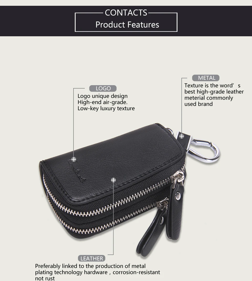 CONTACT'S Genuine Leather Car Key Wallets Fashion Key Holder Housekeeper Keys Organizer Double Zipper Keychain Case Key Pouch