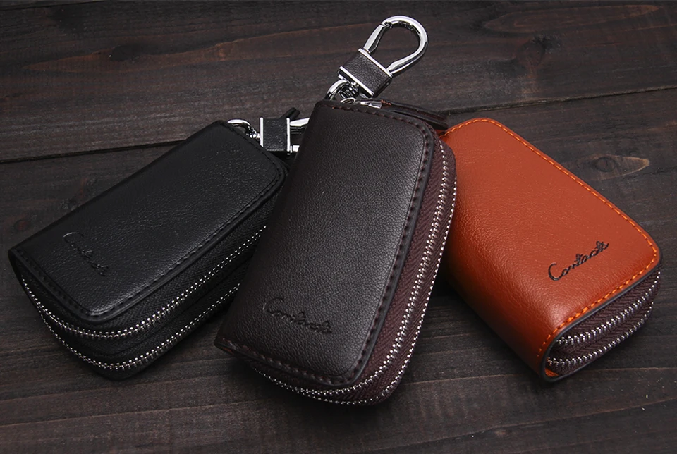 CONTACT'S Genuine Leather Car Key Wallets Fashion Key Holder Housekeeper Keys Organizer Double Zipper Keychain Case Key Pouch