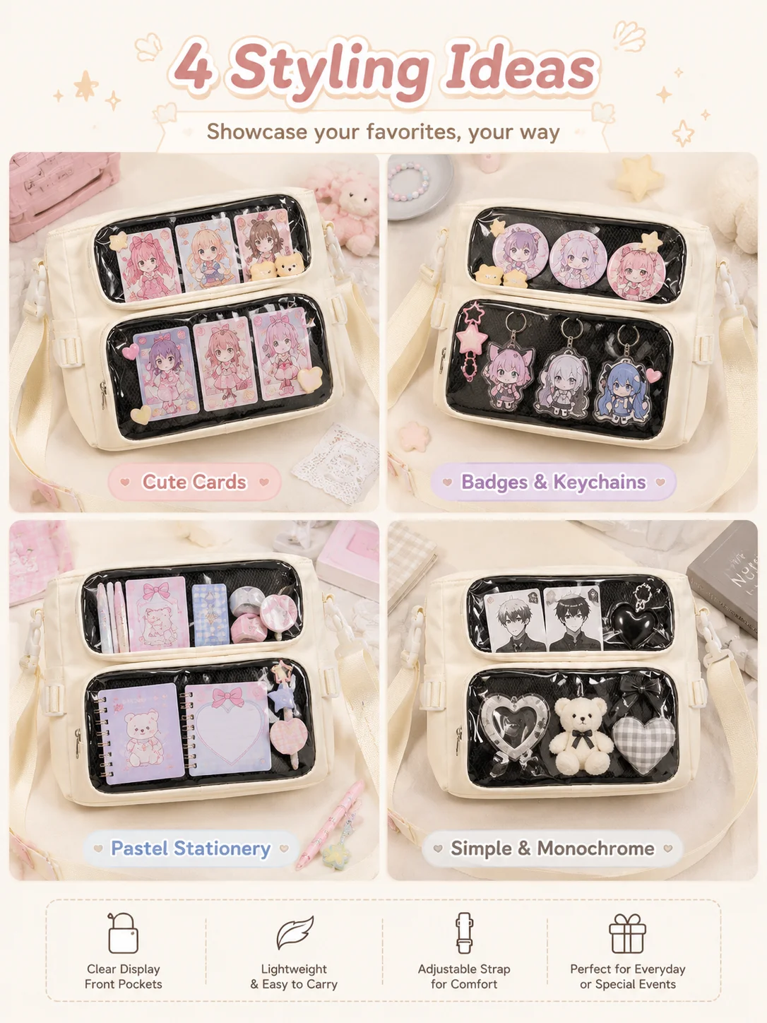 College Ita Bag Transparent Crossbody Shoulder Bag Large Capacity Messenger Bag for School Cute Anime Accessories