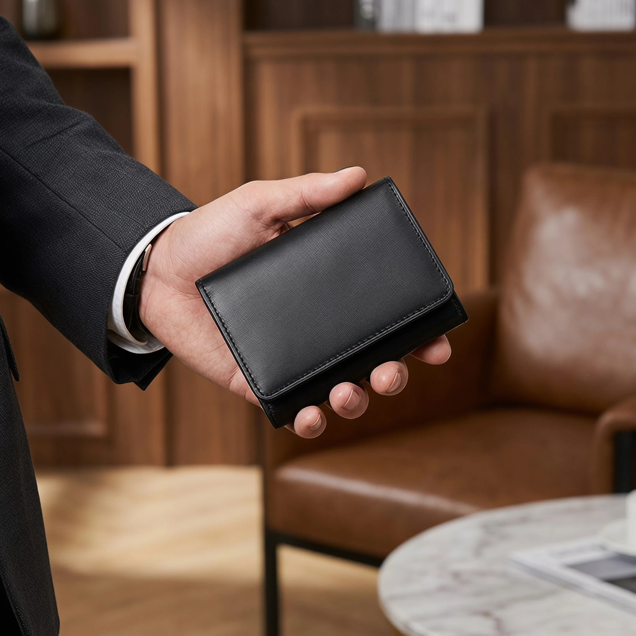 Pomelo Best Men Genuine Leather Bifold Slim Wallet Vintage Bronze Snap Card Holder with Coin Pocket Small Purse Gift for Men