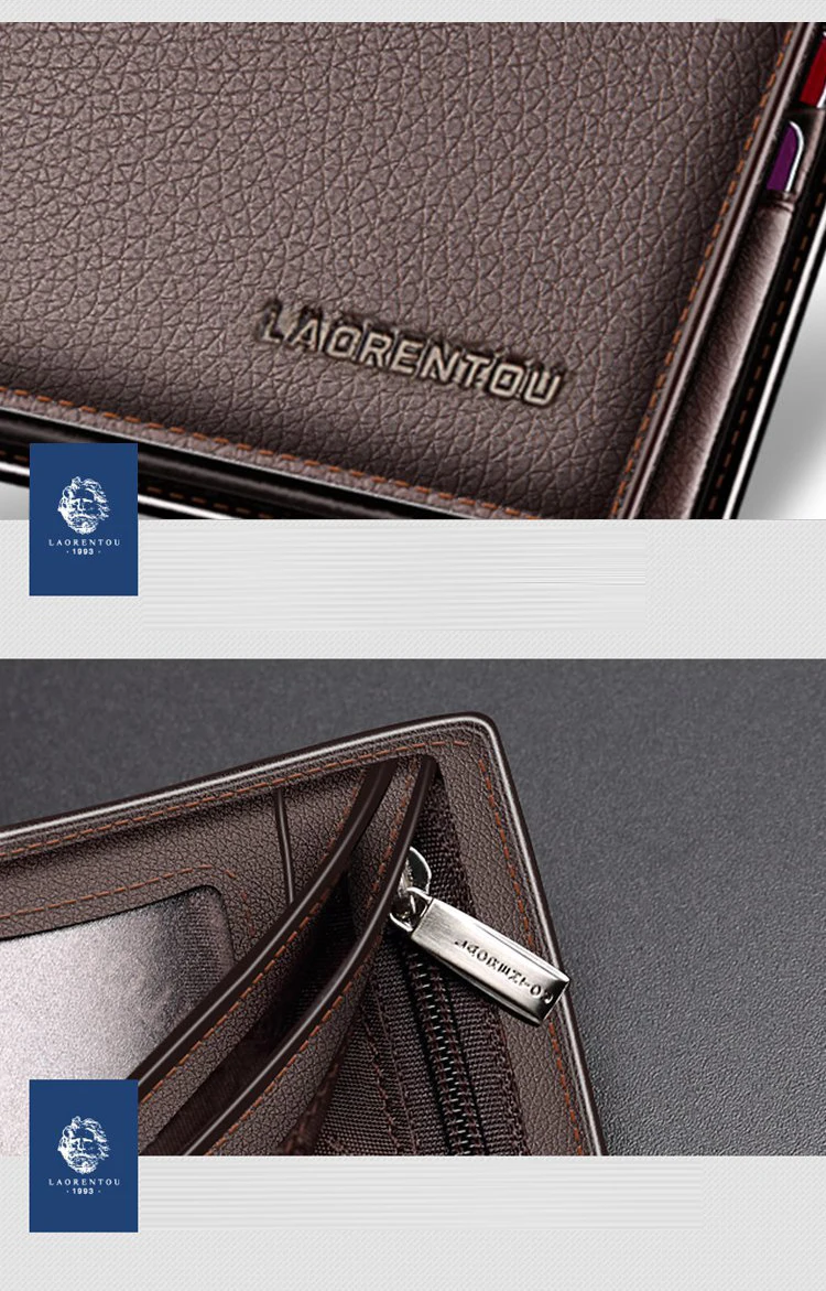 LAORENTOU Genuine Leather Men Short Wallet Card Holder with Zipper Pocket Gift for Husband, Boyfriend
