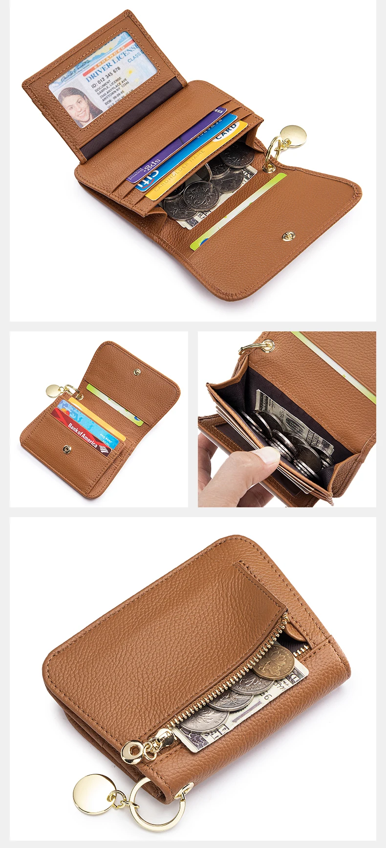 Women Genuine Leather Slim TriFold Wallet Credit Card Holder With Zipper Coin Pouch, ID Window & Keychain