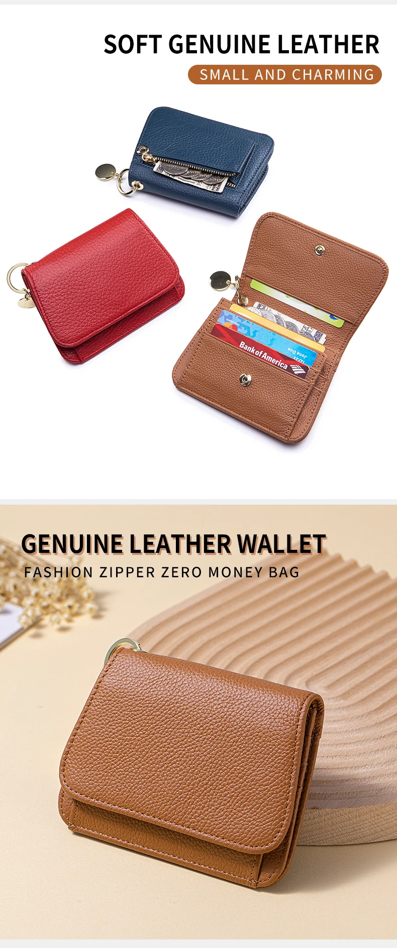 Women Genuine Leather Slim TriFold Wallet Credit Card Holder With Zipper Coin Pouch, ID Window & Keychain