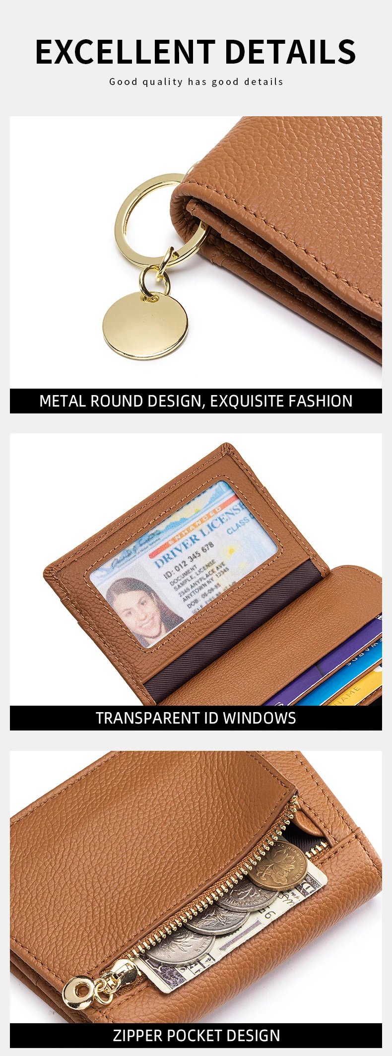 Women Genuine Leather Slim TriFold Wallet Credit Card Holder With Zipper Coin Pouch, ID Window & Keychain