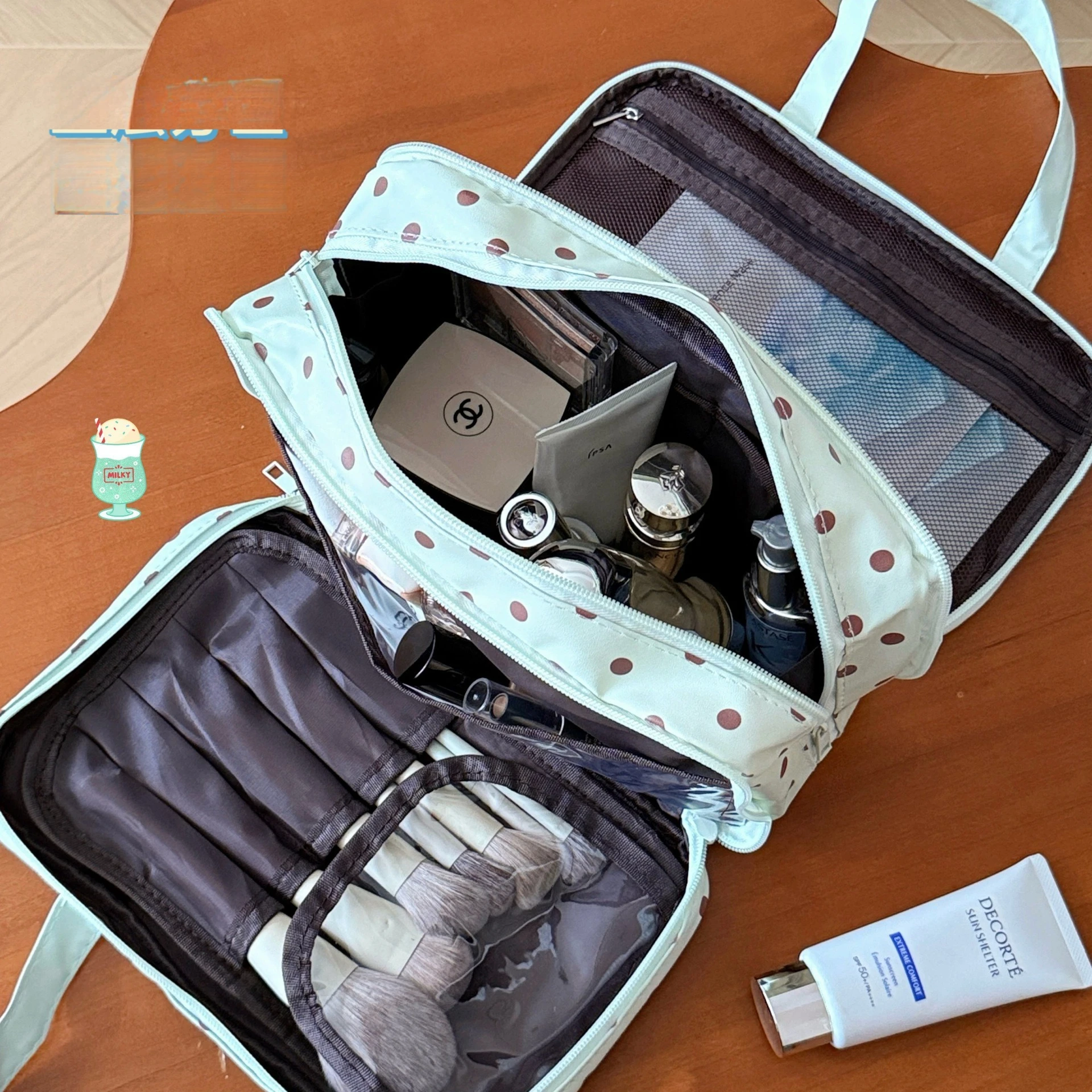 Mint Green Polka Dot Makeup Bag Large Capacity Three-Layer Partition Waterproof Storage Bag