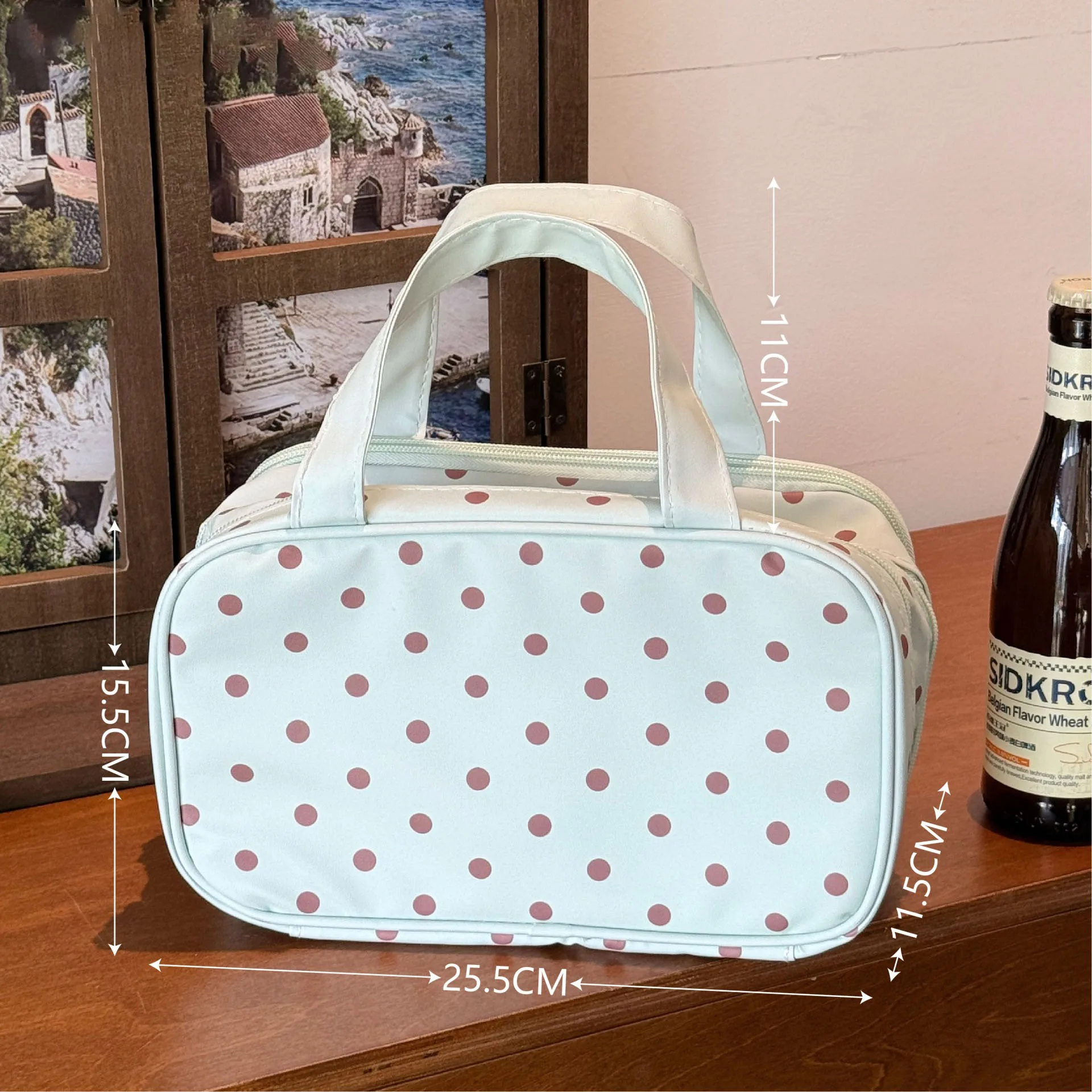 Mint Green Polka Dot Makeup Bag Large Capacity Three-Layer Partition Waterproof Storage Bag