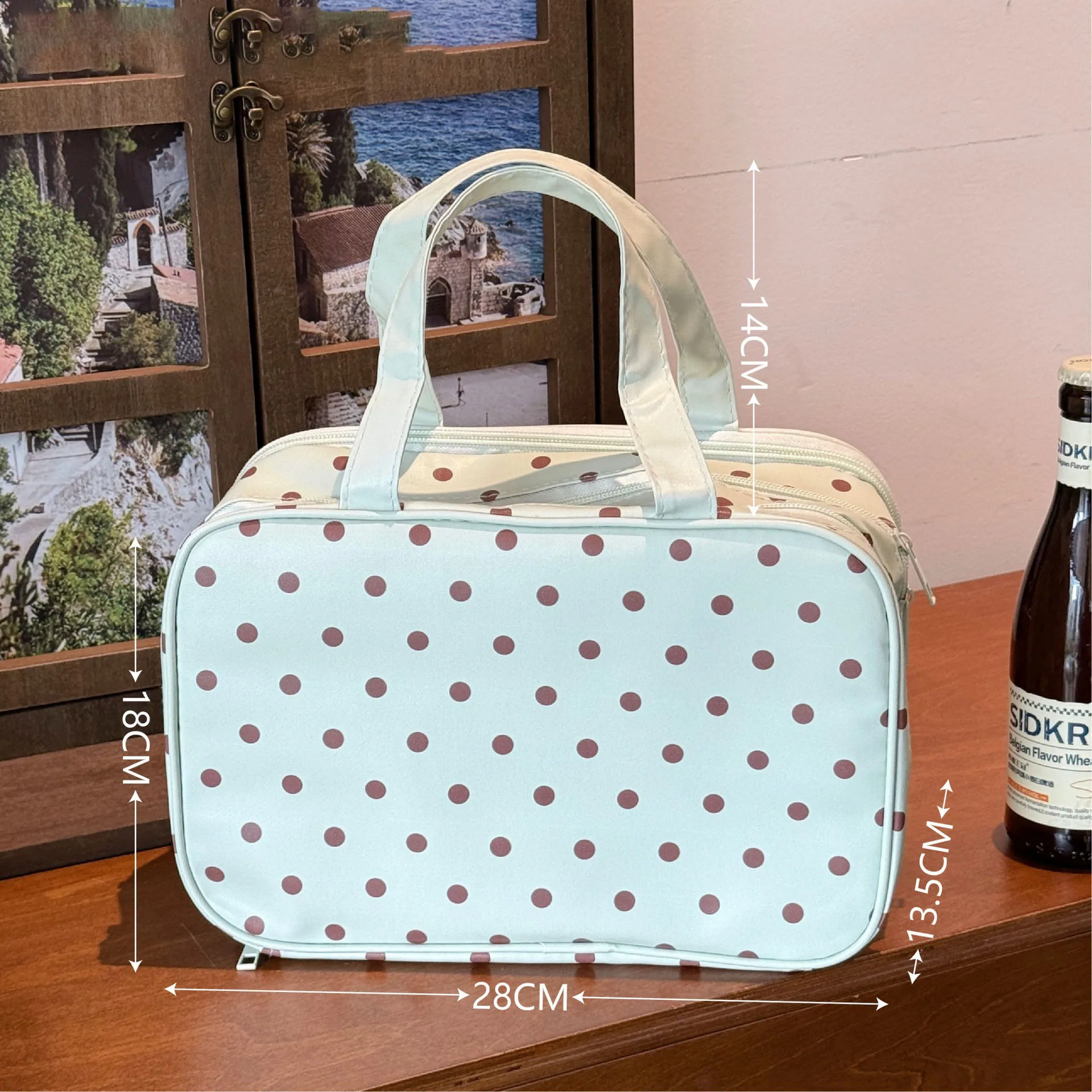 Mint Green Polka Dot Makeup Bag Large Capacity Three-Layer Partition Waterproof Storage Bag