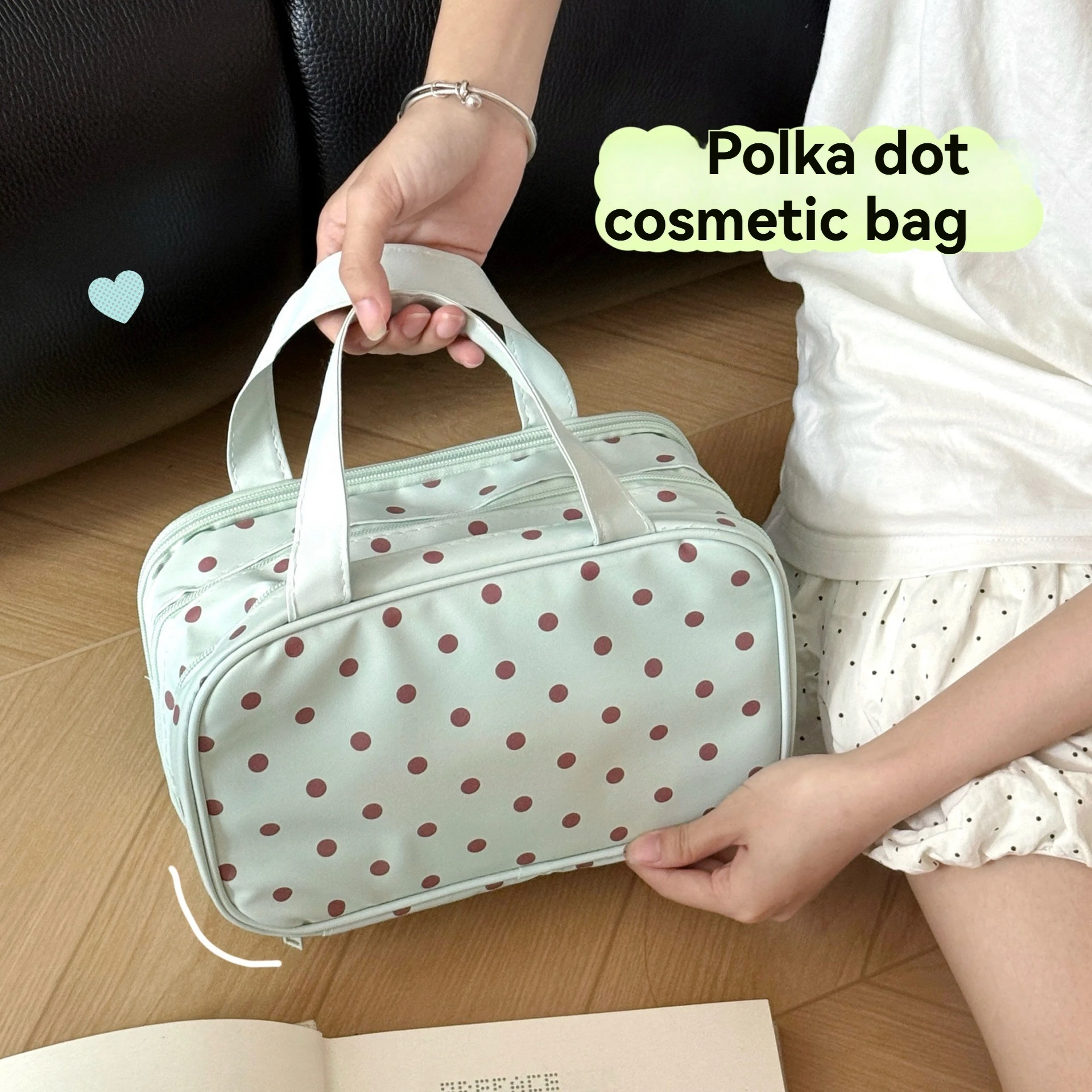 Mint Green Polka Dot Makeup Bag Large Capacity Three-Layer Partition Waterproof Storage Bag