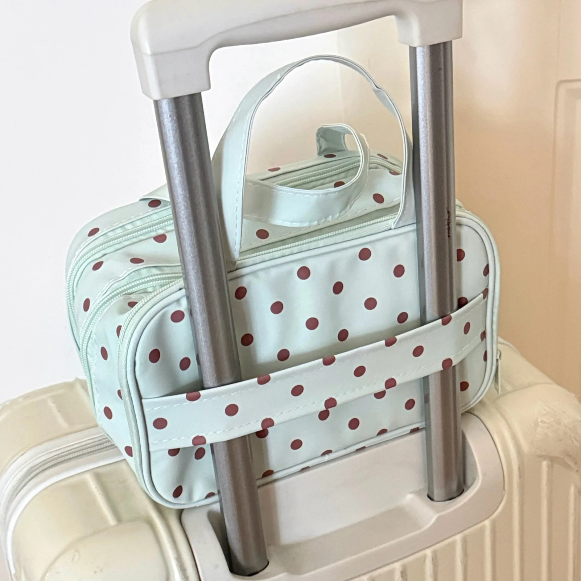 Mint Green Polka Dot Makeup Bag Large Capacity Three-Layer Partition Waterproof Storage Bag