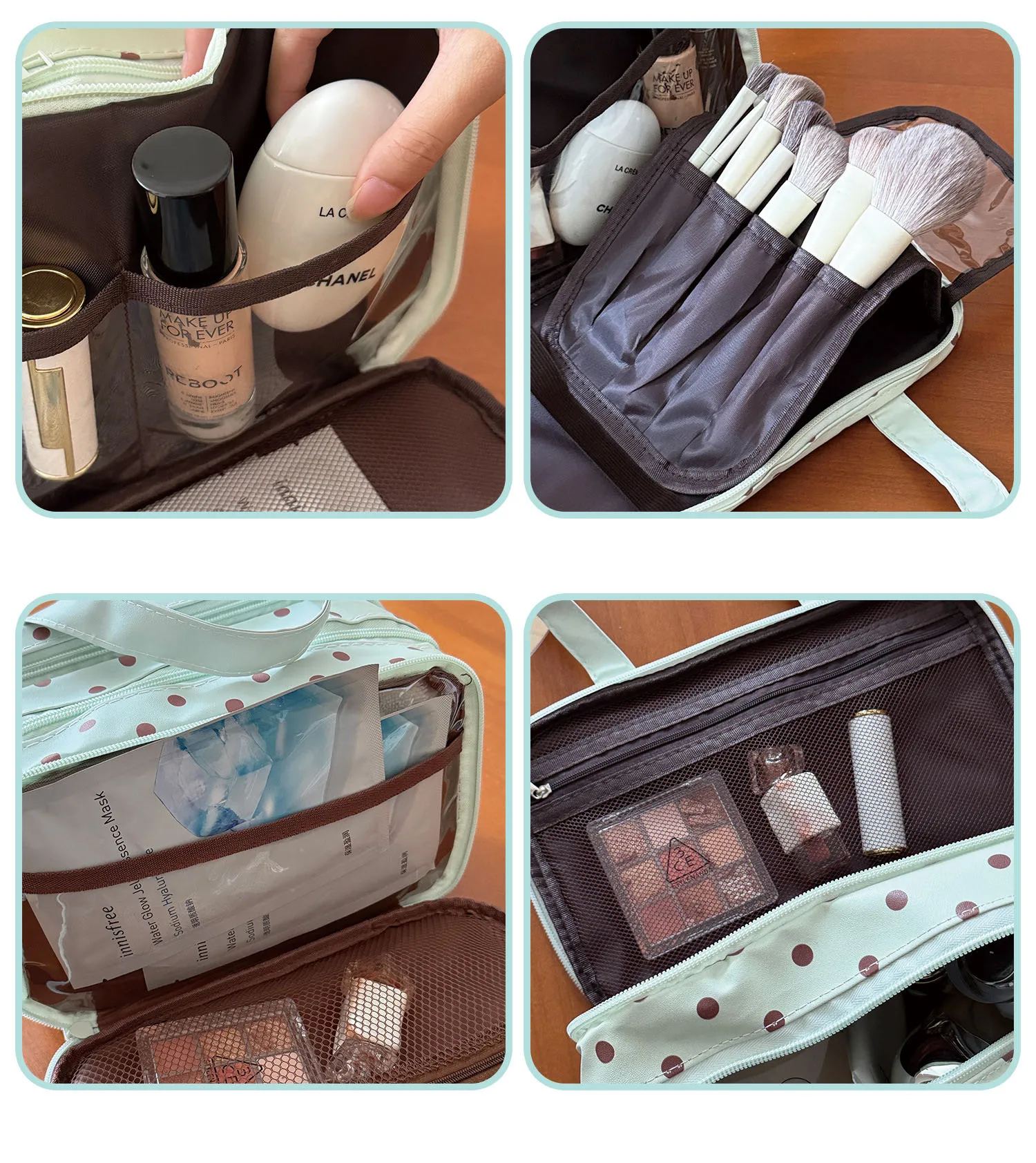 Mint Green Polka Dot Makeup Bag Large Capacity Three-Layer Partition Waterproof Storage Bag