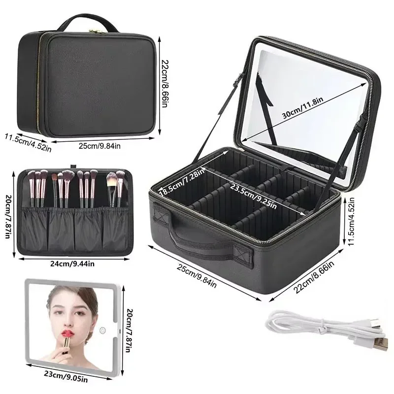 Portable LED Makeup Bag with Mirror Large Size Travel Cosmetic Case Multifunctional Beauty Organizer for Ladies