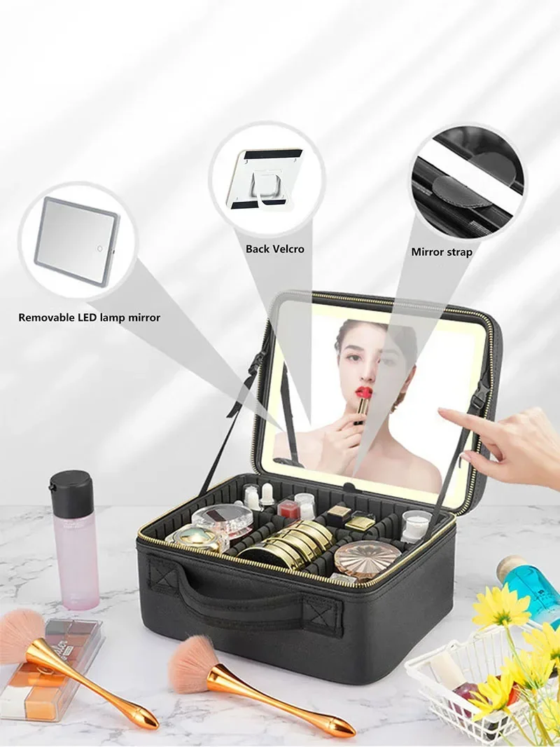 Portable LED Makeup Bag with Mirror Large Size Travel Cosmetic Case Multifunctional Beauty Organizer for Ladies