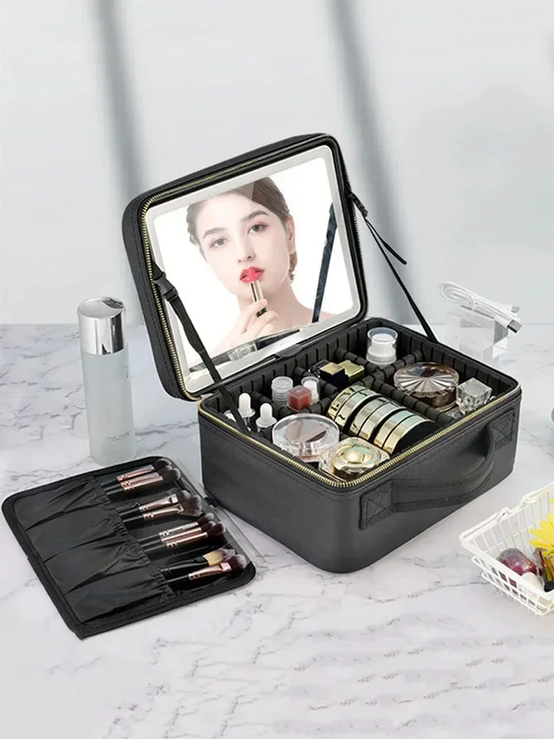 Portable LED Makeup Bag with Mirror Large Size Travel Cosmetic Case Multifunctional Beauty Organizer for Ladies