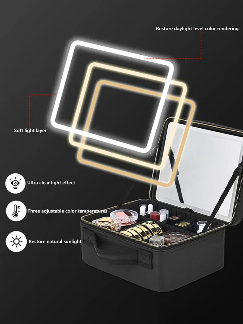 Portable LED Makeup Bag with Mirror Large Size Travel Cosmetic Case Multifunctional Beauty Organizer for Ladies