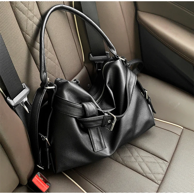 Large Capacity Soft Leather Tote Bag Fashion Belt Buckle Handbag New Shoulder Messenger Bag Retro Hot Girl Motorcycle Bag