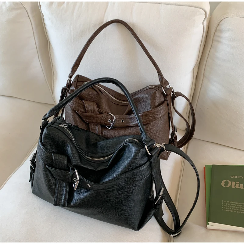 Large Capacity Soft Leather Tote Bag Fashion Belt Buckle Handbag New Shoulder Messenger Bag Retro Hot Girl Motorcycle Bag