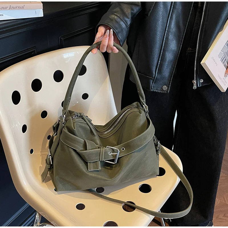 Large Capacity Soft Leather Tote Bag Fashion Belt Buckle Handbag New Shoulder Messenger Bag Retro Hot Girl Motorcycle Bag