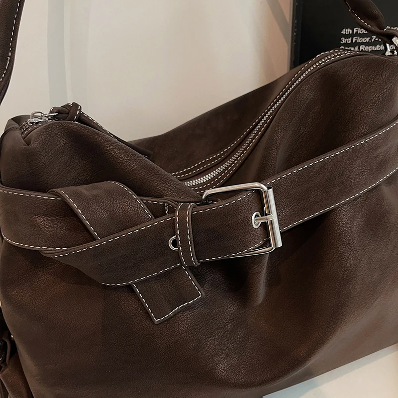 Large Capacity Soft Leather Tote Bag Fashion Belt Buckle Handbag New Shoulder Messenger Bag Retro Hot Girl Motorcycle Bag