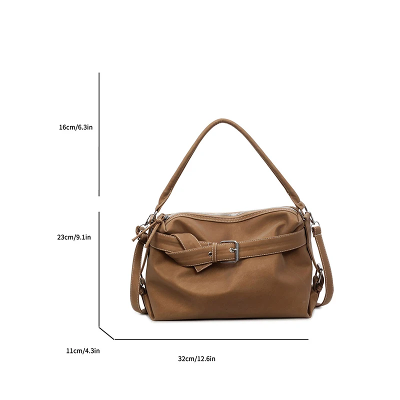 Large Capacity Soft Leather Tote Bag Fashion Belt Buckle Handbag New Shoulder Messenger Bag Retro Hot Girl Motorcycle Bag