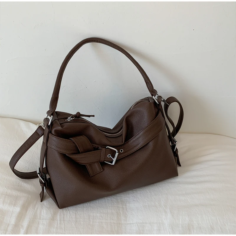 Large Capacity Soft Leather Tote Bag Fashion Belt Buckle Handbag New Shoulder Messenger Bag Retro Hot Girl Motorcycle Bag