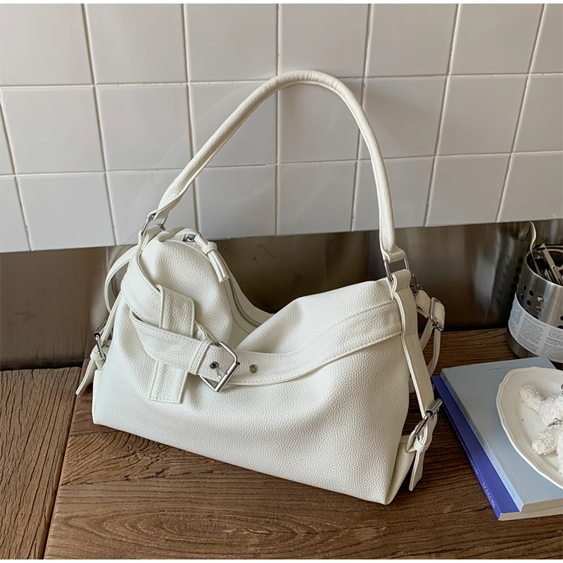 Large Capacity Soft Leather Tote Bag Fashion Belt Buckle Handbag New Shoulder Messenger Bag Retro Hot Girl Motorcycle Bag