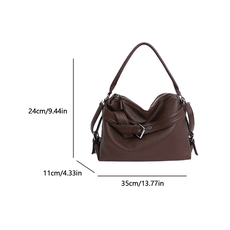 Large Capacity Soft Leather Tote Bag Fashion Belt Buckle Handbag New Shoulder Messenger Bag Retro Hot Girl Motorcycle Bag