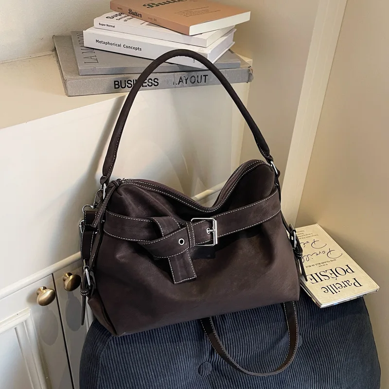 Large Capacity Soft Leather Tote Bag Fashion Belt Buckle Handbag New Shoulder Messenger Bag Retro Hot Girl Motorcycle Bag