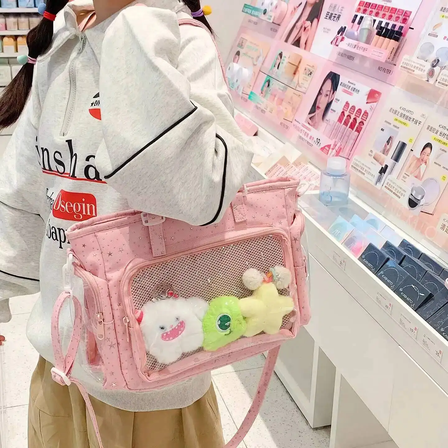 Y2K Cute Japanese Ins Ita Bag Lolita Girl Transparent Tote Crossbody Bag Large Capacity Casual Shoulder Bag DIY Display Handbags
